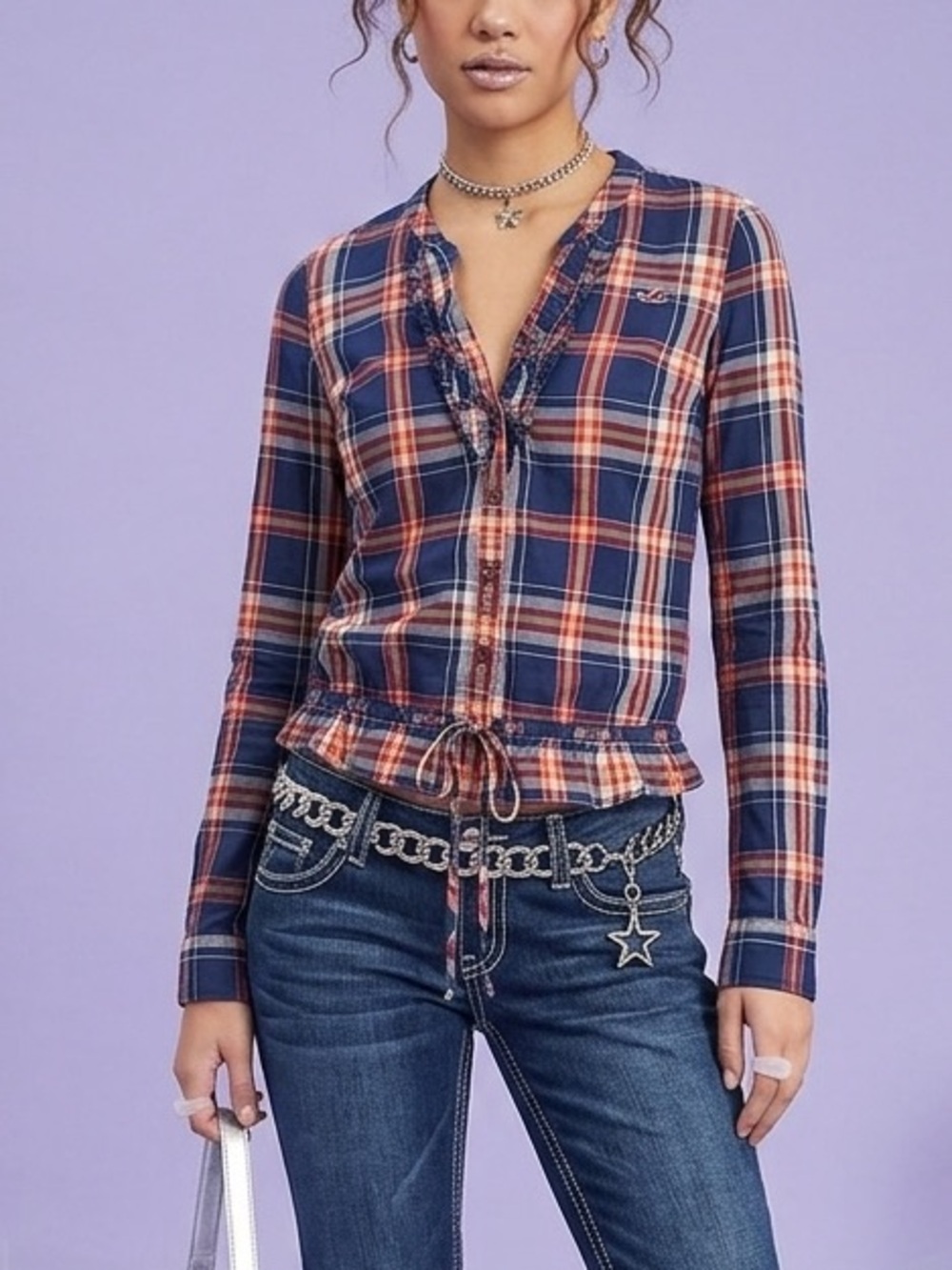 Y2K Hollister Navy & Orange Plaid Tie-Waist Long-Sleeve Blouse Shirt Size Small